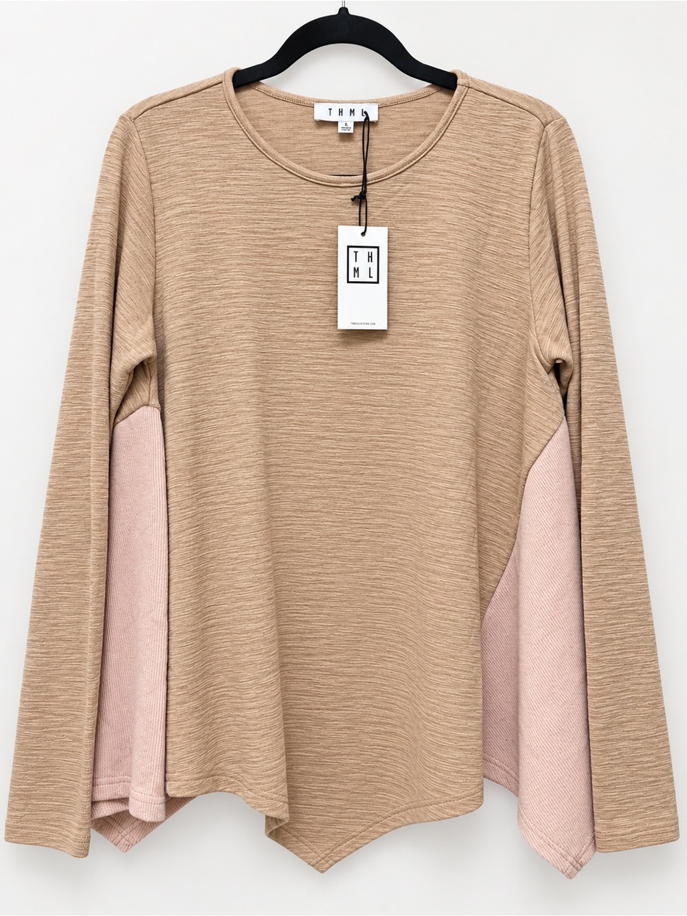 THML Tan Top with Blush Side Panels — Layered Hem Long Sleeve